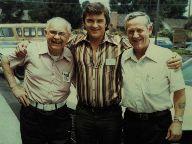 Fender founder Leo Fender (left) with Owen Ray and George Fullerton in 1979 outside the G&amp;L Factory in California. Picture: Martinelli