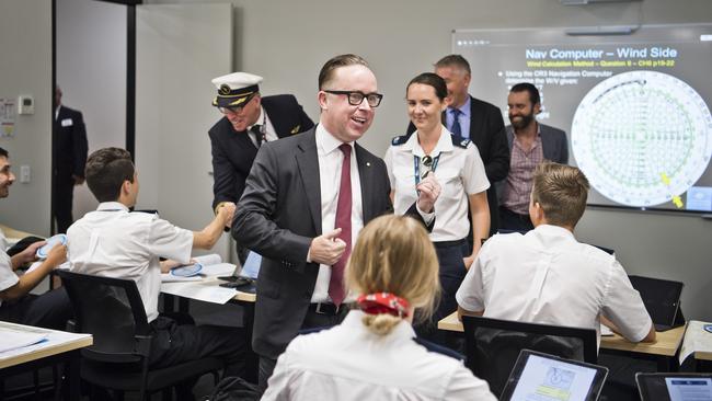 Qantas CEO Alan Joyce speaks to student pilots at the Qantas training academy in Toowoomba.