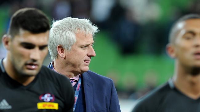 Stormers coach Robbie Fleck watches his side warm up at AAMI Park in Melbourne.