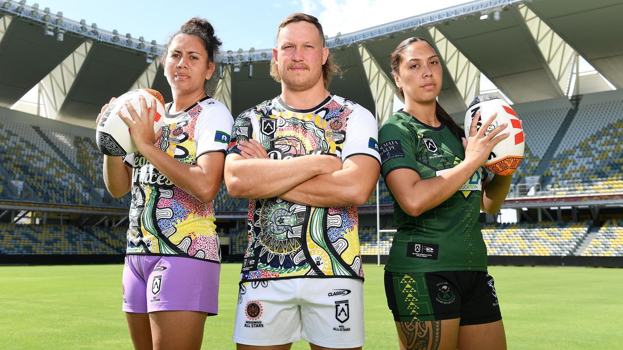 Indigenous All Stars Tallisha Harden and Reuben Cotter with Maori All Stars player Shannon Mato at Queensland Country Bank Stadium in Townsville promoting the 2024 All Stars game. Picture: Shae Beplate.