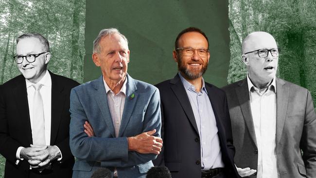 Adam Bandt has solidified the Greens as Australia’s third political party. From left: Prime Minister Anthony Albanese, former Greens leader Bob Brown, Greens leader Adam Bandt, Opposition leader Peter Dutton.