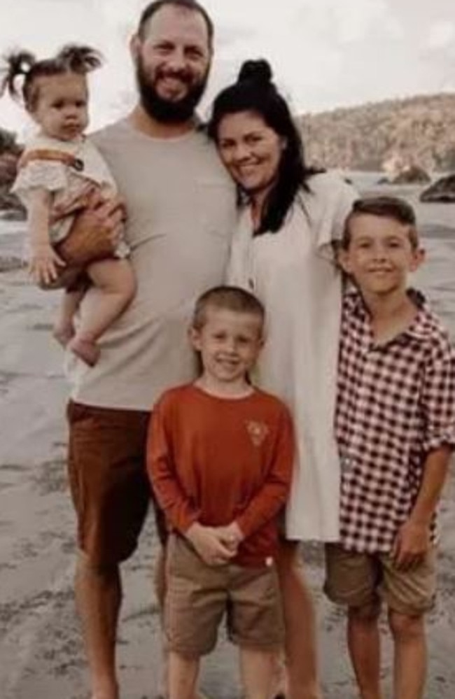 Casey Munchow, 31, from Calen with her husband Josh and children Dylan, 10, Tommy, 7, and Evie, 2. Casey died when her car was swept off a flooded Surprise Creek Rd at Mount Ossa, near Seaforth in the Mackay district, on Wednesday, May 11, 2022. Picture: Contributed