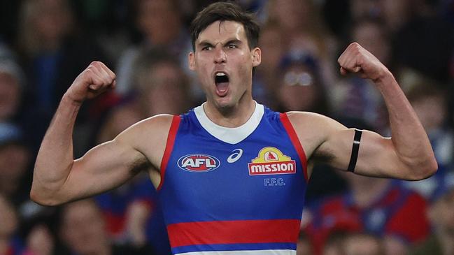 MELBOURNE, AUSTRALIA - AUGUST 18: Sam Darcy of the Bulldogs celebrates kicking a goal during the round 23 AFL match between Western Bulldogs and North Melbourne Kangaroos at Marvel Stadium, on August 18, 2024, in Melbourne, Australia. (Photo by Daniel Pockett/Getty Images)