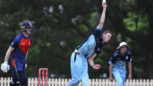 Sutherland’s Andrew Ritchie bowls against Mosman at Glenn McGrath Oval. Pic: Jeremy Ng/News Corp Australia