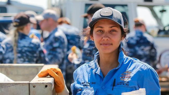 Larrakia Ranger Jessica Puntoriero with part of the load of Rubbish cleaned up from Darwin Harbour. PIC GLENN CAMPBELL