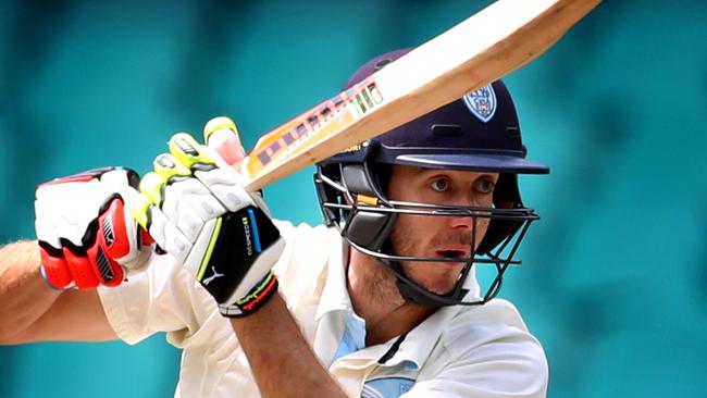 Kurtis Patterson drives during his innings of 55 runs during the Sheffield Shield game between the NSW Blues and the Victorian Bushrangers at the SCG , Moore Park . Picture : Gregg Porteous