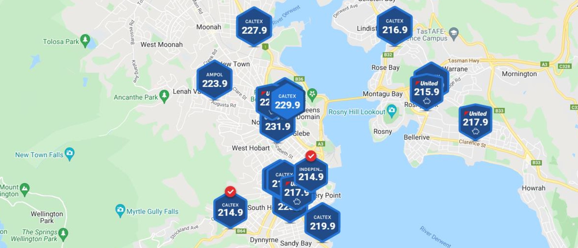 Fuel prices in Hobart at 5pm Sunday, March 13 (Cents per litre for regular unleaded). Source: RACT Fuelsaver