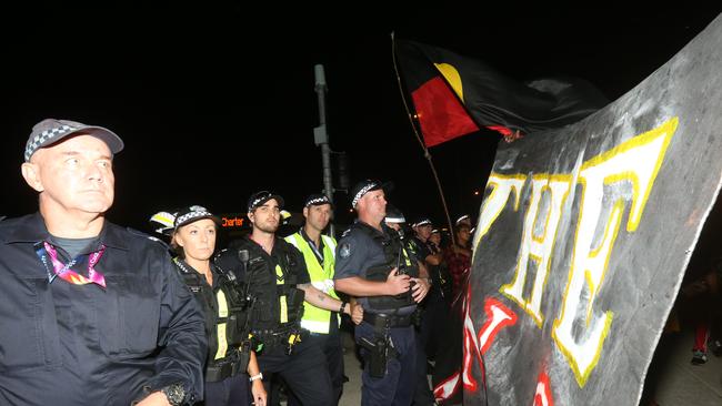 Pictured outside the Comm Games opening ceremony, Aboriginal protest. Picture Mike Batterham