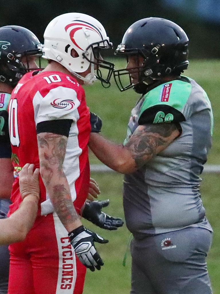 Bobby Mifsud faces up against the Townsville defenders in the NQ Gridiron match between the Cairns Falcons and the Townsville Cyclones, held at Vico Oval, Mooroobool. Picture: Brendan Radke