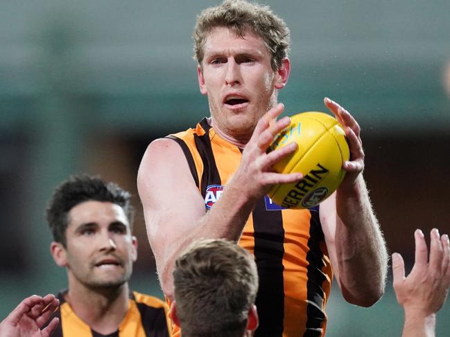 Ben McEvoy marks for the Hawks during a pre-season match at UTAS Stadium in March. Picture: AAP