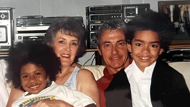 Olympic rugby sevens gold medallist Ellia Green (left front) and his brother Mitch Green as children with Bev and Peter Brock. Picture: Supplied.