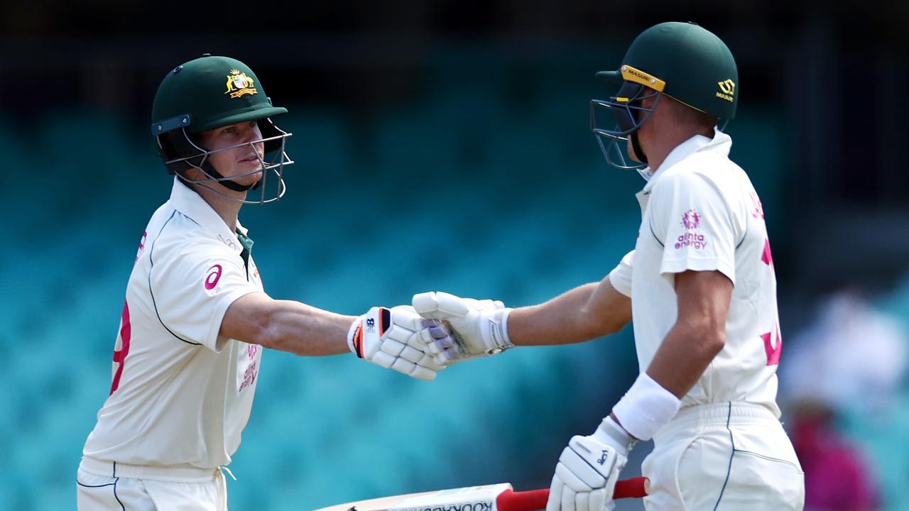 Steve Smith of Australia congratulates Marnus Labuschagne of Australia on scoring 50 runs during day four of the Third Test