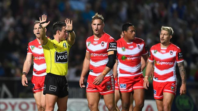 TOWNSVILLE, AUSTRALIA - JULY 21: Jack de Belin of the Dragons is sent to the sin bin during the round 19 NRL match between the North Queensland Cowboys and the St George Illawarra Dragons at 1300SMILES Stadium on July 21, 2018 in Townsville, Australia. (Photo by Ian Hitchcock/Getty Images)