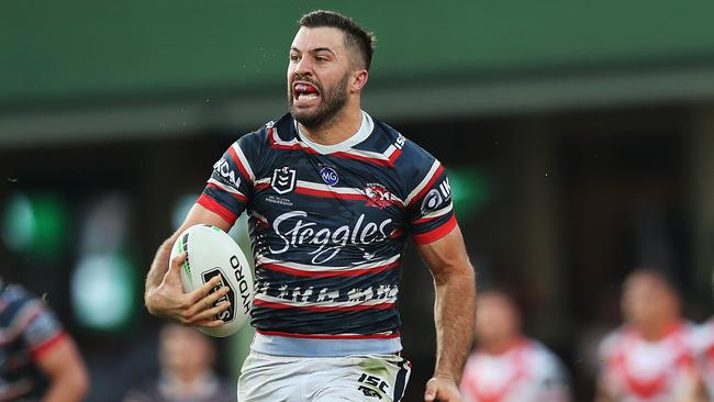 Roosters' James Tedesco on a break during the NRL Anzac Day match between the Sydney Roosters and St. George-Illawarra Dragons at the SCG. Picture. Phil Hillyard