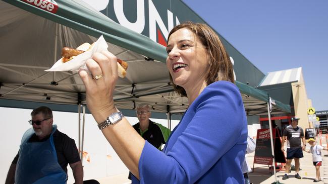 Queensland opposition leader Deb Frecklington stops at a Townsville Bunnings for the obligatory sausage on election day. Picture: NCA NewsWire / Sarah Marshall