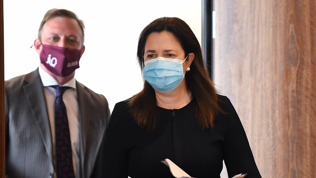 Queensland Premier Annastacia Palaszczuk and her deputy Steven Miles arrive for a Covid update press conference on June 30. Picture: NCA NewsWire / Dan Peled