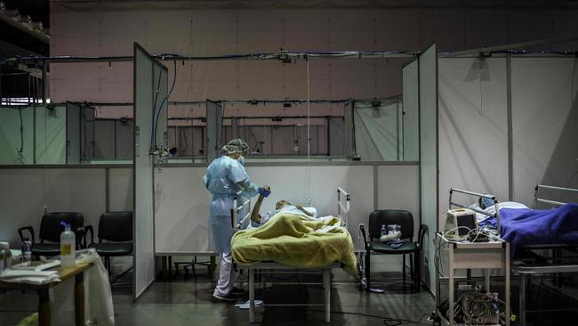 A sports arena in Portimao, Portugal, was converted into a field hospital for coronavirus patients. Picture: AFP