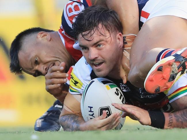 SYDNEY, AUSTRALIA - FEBRUARY 17:  Wayde Egan of the Panthers scores a try  during the NRL trial match between the Penrith Panthers and the Sydney Roosters at Penrith Stadium on February 17, 2018 in Sydney, Australia.  (Photo by Mark Evans/Getty Images)