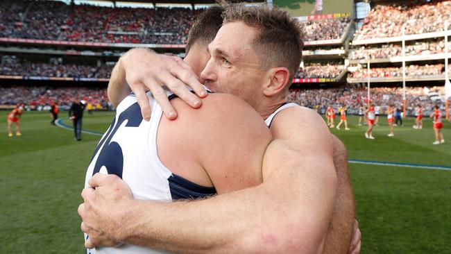 Tom Hawkins and Joel Selwood remain on Geelong’s out-of-contract list but the former has already indicated he plans to play on. Picture: Getty Images