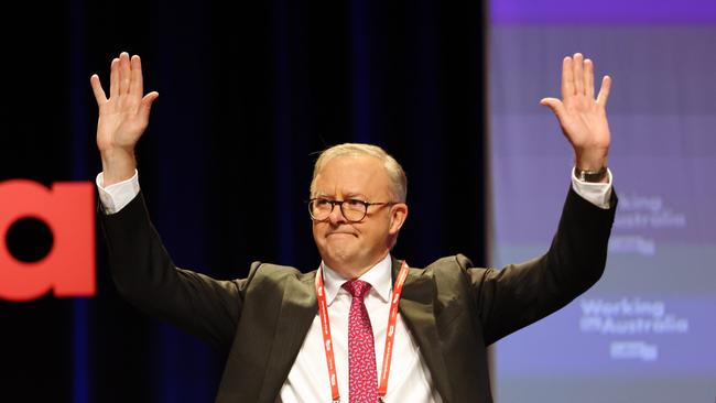 Anthony Albanese at the ALP national conference in Brisbane on Friday. Picture: NCA NewsWire / Tertius Pickard