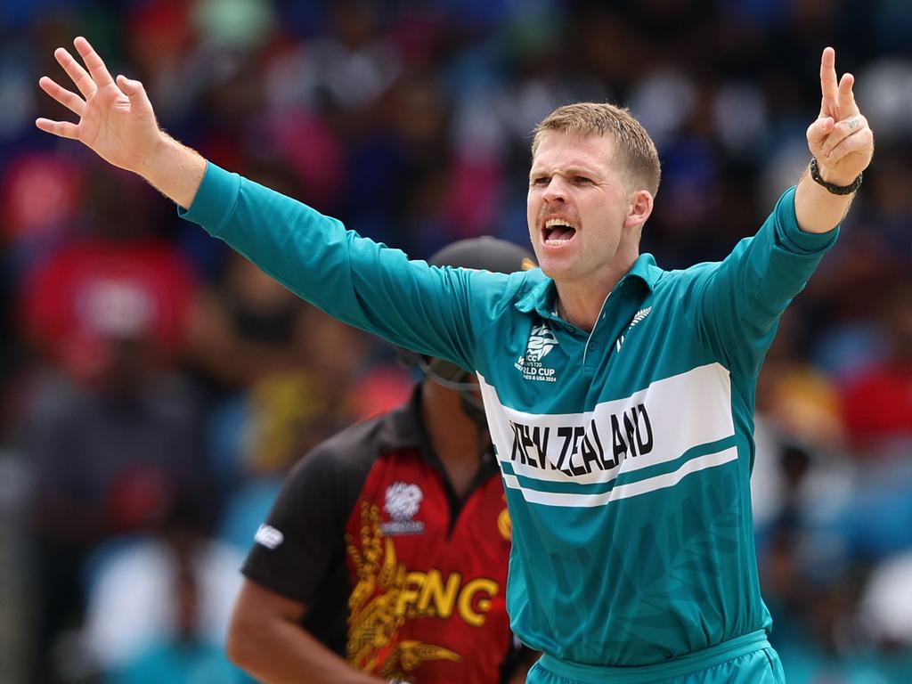 TAROUBA, TRINIDAD AND TOBAGO - JUNE 17: Lockie Ferguson of New Zealand celebrates the wicket of Charles Amini of Papua New Guinea during the ICC Men's T20 Cricket World Cup West Indies & USA 2024 match between New Zealand and Papua New Guinea at Brian Lara Cricket Academy on June 17, 2024 in Tarouba, Trinidad And Tobago. (Photo by Darrian Traynor-ICC/ICC via Getty Images)