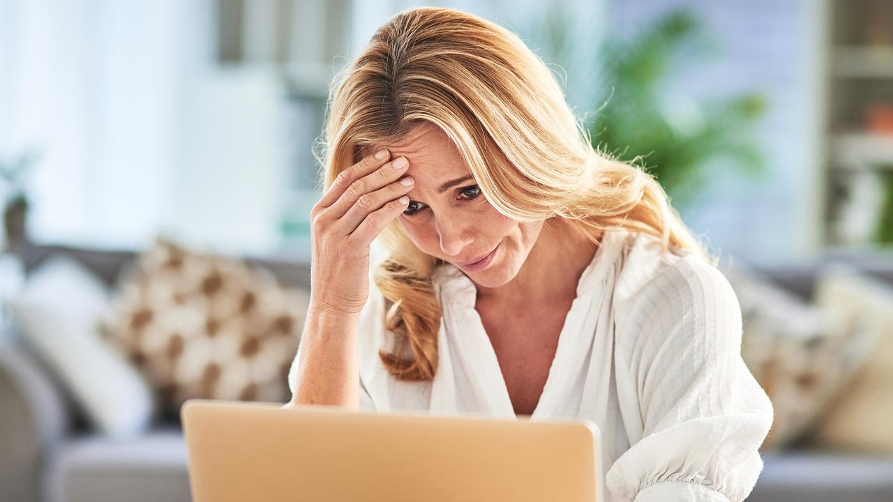 Business woman stress, burnout or laptop anxiety 404 error, financial stress or mental health in house. Depression, tired or remote employee with headache from audit, tax finance or financial debt, mortgage interest rates generic