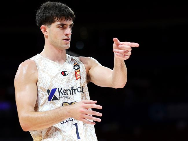 SYDNEY, AUSTRALIA - JANUARY 12: Taran Armstrong of the Taipans gestures to a team mate during the round 16 NBL match between Sydney Kings and Cairns Taipans at Qudos Bank Arena, on January 12, 2025, in Sydney, Australia. (Photo by Mark Kolbe Photography/Getty Images)