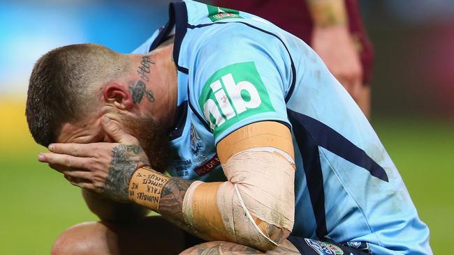 BRISBANE, AUSTRALIA — JULY 08: Josh Dugan of the Blues looks dejected during game three of the State of Origin series between the Queensland Maroons and the New South Wales Blues at Suncorp Stadium on July 8, 2015 in Brisbane, Australia. (Photo by Mark Kolbe/Getty Images)