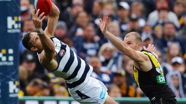 Harry Taylor reaches for a mark before kicking the sealing goal. Picture: Michael Klein