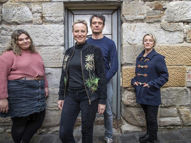 Ben Winspear and Marta Dusseldorp speak about their new play 'The Bleeding Tree" with cast members Kartanya Maynard (left) and Jane Johnson (right). Picture: LUKE BOWDEN