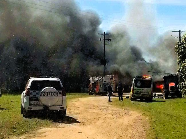 A photograph from the scene of large shed fire in Horseshoe Bay, the Burdekin, on Tuesday morning. One person is being treated for smoke inhalation. Multiple emergency crews are responding to what is like a “protracted event”. Picture: Supplied