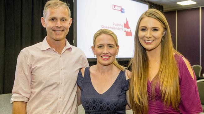 ALP Bonney candidate Rowan Holzberger, Kate Jones MP and Meaghan Scanlon during the election campaign. Picture: Jerad Williams