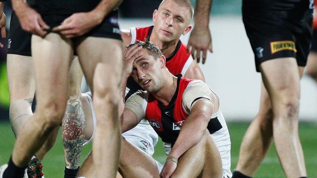 Luke Dunstan reacts to St Kilda’s loss to Port Adelaide. Picture: Getty Images