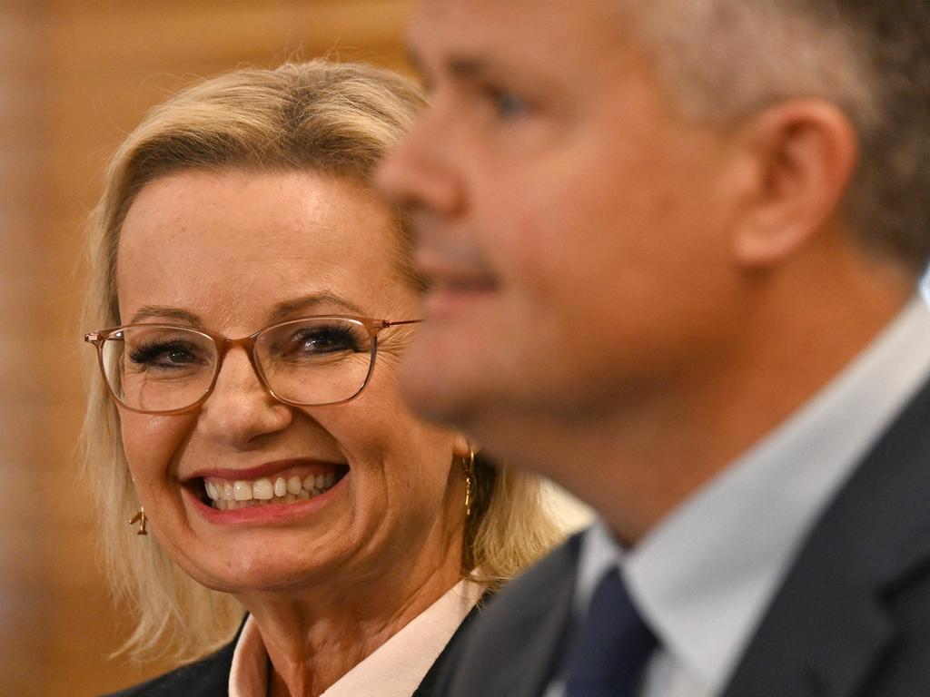 Australia's Leader of the Opposition Sussan Ley listens as Deputy Leader Ted O'Brien speaks during a press conference at Parliament House in Canberra. Picture: AFP