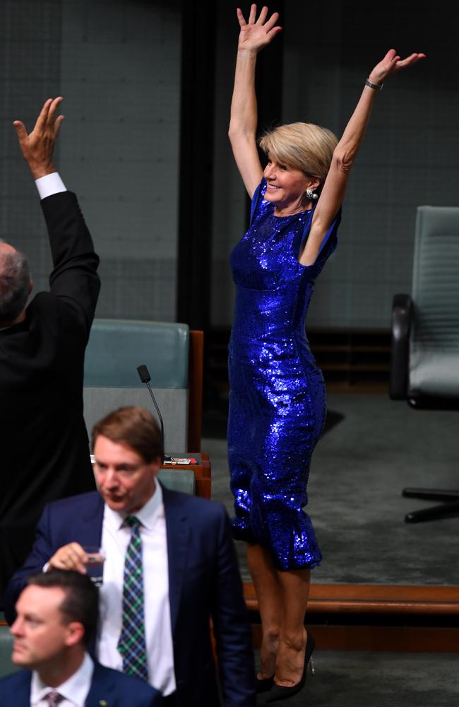 Former foreign minister Julie Bishop reacts ahead of Treasurer Josh Frydenberg handing down his first Federal Budget. Picture: AAP