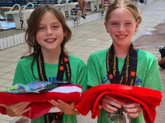 It was a big weekend for the O'Brien twins, with Mia (left) crowned the eight years girls age champion and Alyvia finishing as runner-up at the CQ Swimming Championships in Rockhampton.