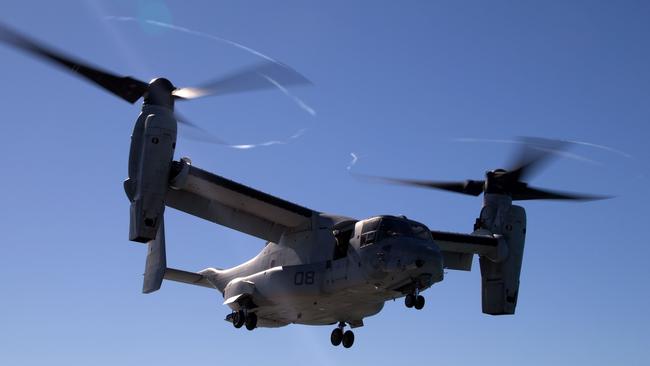 An Osprey launches from the flight deck of HMAS Canberra during Exercise Talisman Sabre last week. Picture: Royal Australian Navy