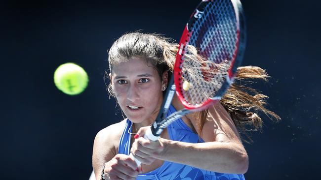 2017 Australian Open Tennis. Australian player Jaimee Fourlis wins her match against her USA opponent Anna Tatishvili on Court 13. Picture: David Caird