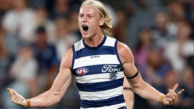 GEELONG, AUSTRALIA - MARCH 16: Oliver Dempsey of the Cats in action during the 2024 AFL Round 01 match between the Geelong Cats and the St Kilda Saints at GMHBA Stadium on March 16, 2024 in Geelong, Australia. (Photo by Michael Willson/AFL Photos via Getty Images)