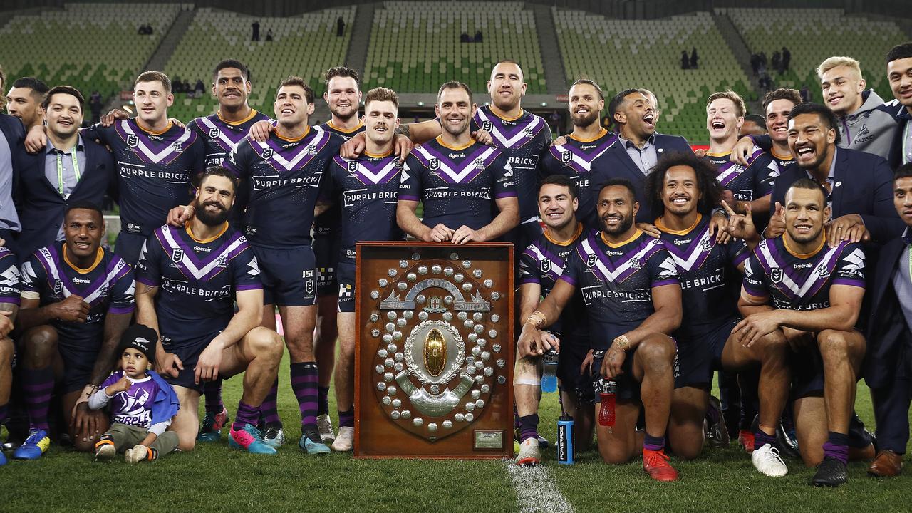 The Storm celebrate their third minor premiership win in four years.