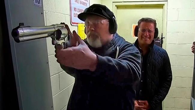 Kyle Sandilands at a gun range in Los Angeles with Karl Stefanovic during a 60 Minutes interview in 2020. Picture: Channel 9