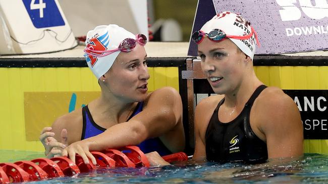 Jessica Hansen (left) finished second to Abbey Harkin (right) in the Women’s 100m Breaststroke final. Picture: AAP Image/James Elsby