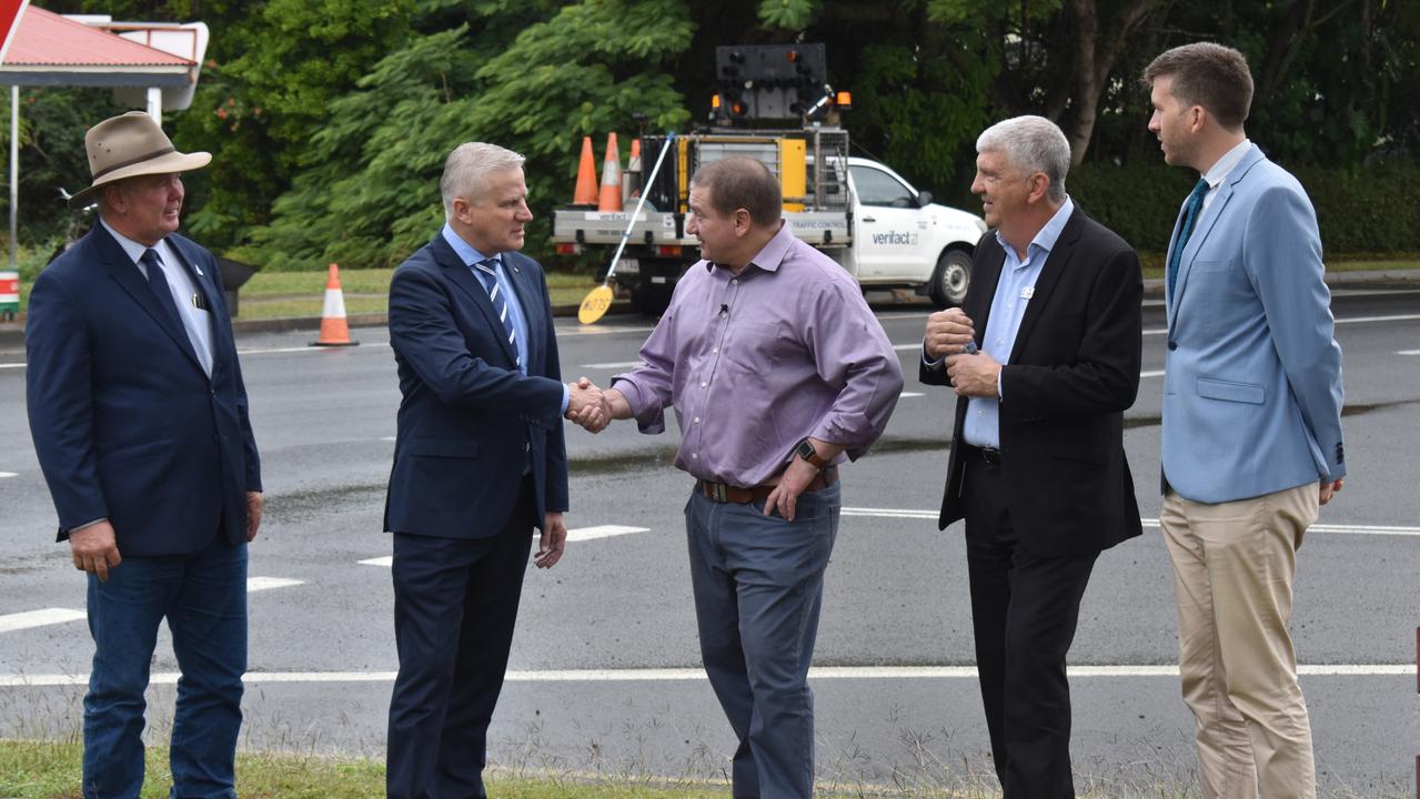 The Tiaro bypass has been a point of political focus for some time. Former deputy prime minister Michael McCormack and Wide Bay MP Llew O'Brien shake hands as Fraser Coast councillors (L) Denis Chapman, Phil Truscott and Paul Truscott watch on after $268 Federal funding was announced for the Tiaro Bypass in June 2021. Photo: Stuart Fast