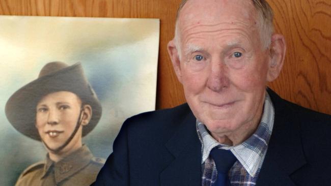 Allan Chick pictured with his medals and a Japanese porcelain doll at his home in Heyfield. Behind him is a 1940 portrait of himself taken when he was 20 yrs old.