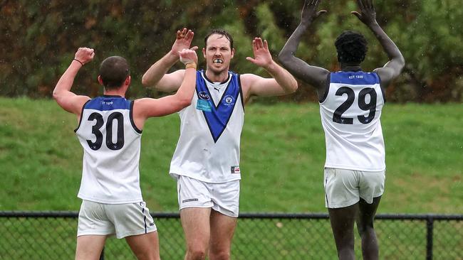 Old Melburnians v University Blues at Elsternwick Park Oval, Brighton, Melbourne, April 15th 2023.  University Blues Ayce Cordy celebrates his goal.Picture : George Sal