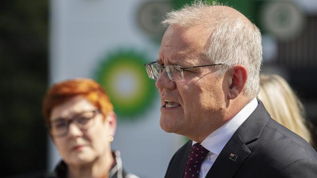 Scott Morrison and Foreign Minister Marise Payne at Mortdale in southern Sydney on Tuesday. Picture: Nikki Short