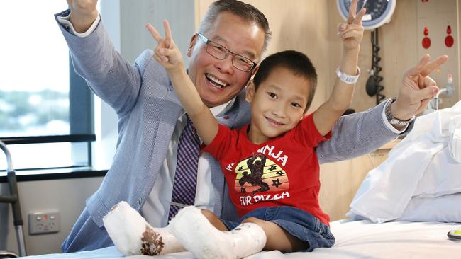 Chien Lu, 7, from Vietnam, was unable to walk due to a condition that was unattended to since birth. However, Melbourne surgeons have come to the rescue to get this remarkable boy up onto his own two feet. Picture: David Caird