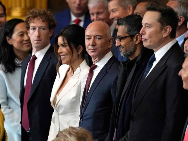 Tec tribe … Meta CEO Mark Zuckerberg, journalist Lauren Sanchez and her partner, Amazon and Washington Post chief Jeff Bezos, Google’s Sundar Pichai and Tesla, SpaceX and X.com CEO Elon Musk at the inauguration ceremony.