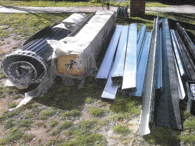 An allegedly stolen shed frame and rollerdoor recovered from Ryan Annand's Irymple address.