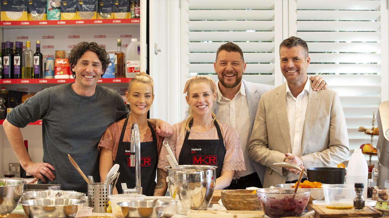 Colin Fassnidge, left, and judges Manu Feildel and Pete Evans on MKR.